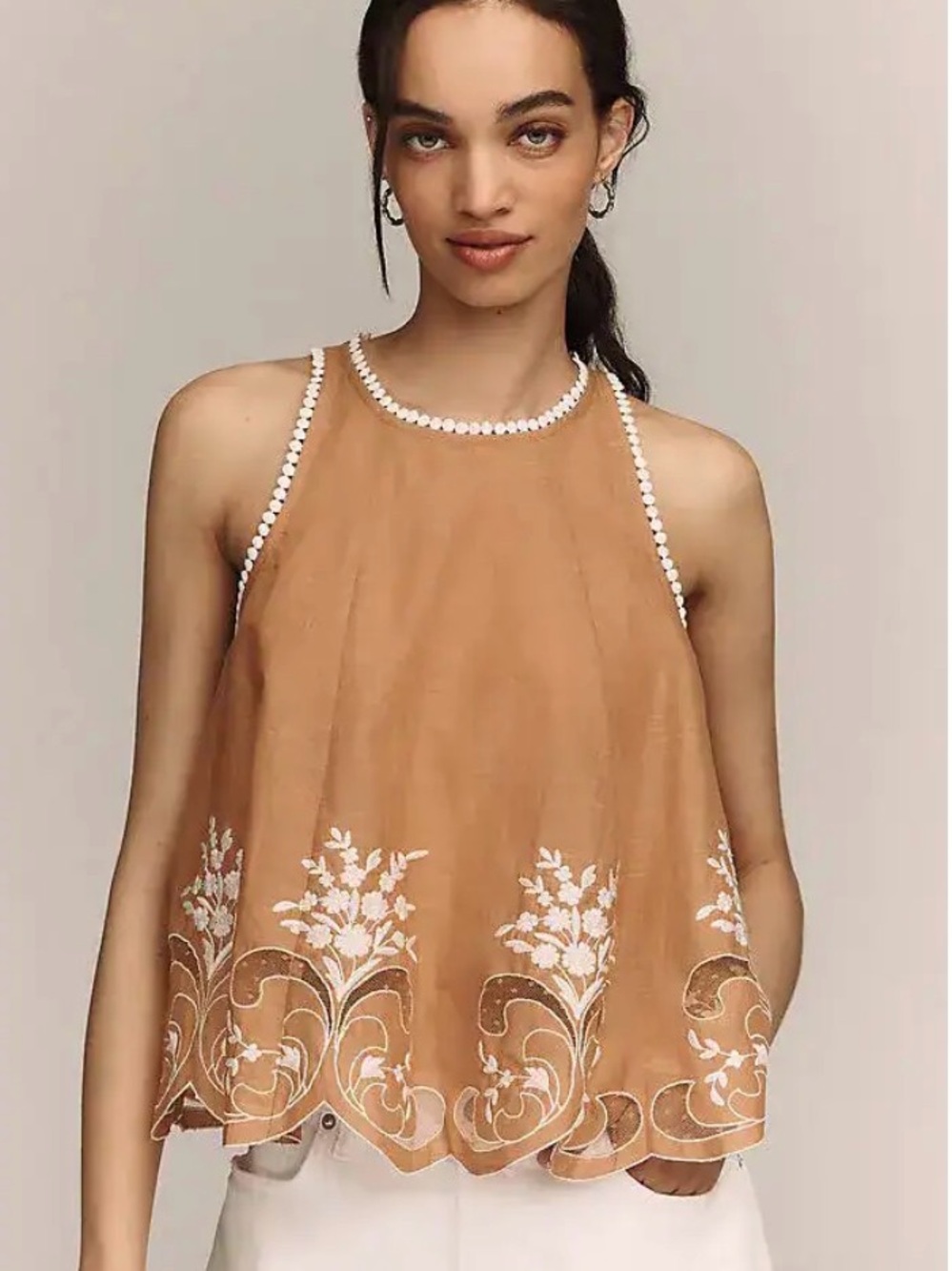 NWT Anthropologie Embroidered Cotton Swing Tank Top Tan M